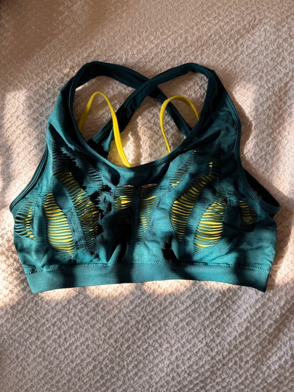 Fabletics Teal Cutout Sports Bra with Yellow Straps